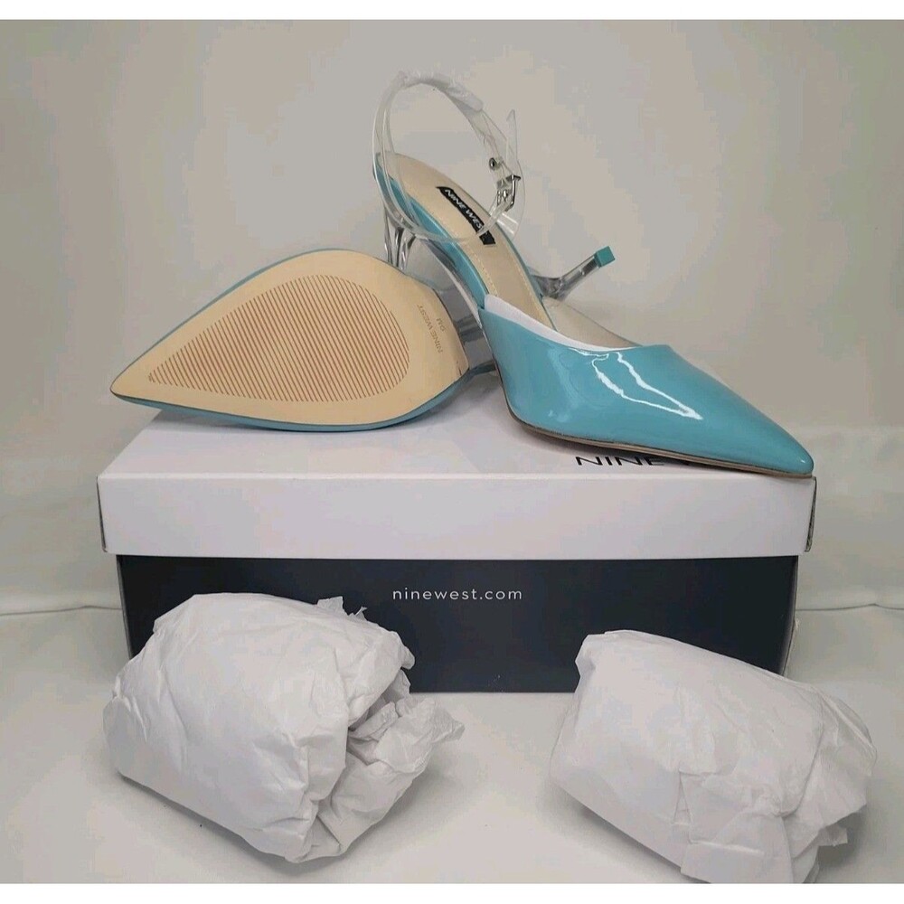 NIB Nine West Sparkea3 Medium Blue Patent Pointed Toe Pumps Clear Lucite Heel 9M